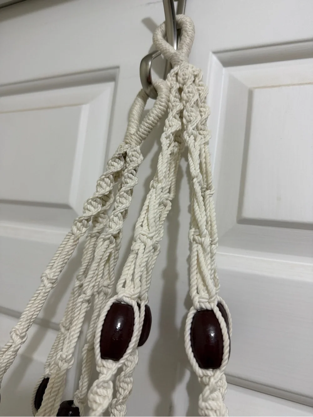 2 Vtg Macramé Hanging Planters 2 tier Pot Holders Cream Rope/Wood Beads, Tassels